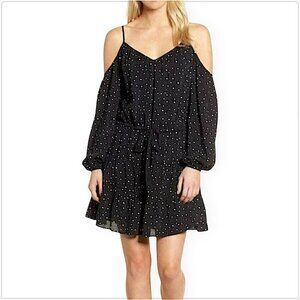 Paige Carmine Black and White Dot Print Cold Shoulder Tiered Dress NWT New S